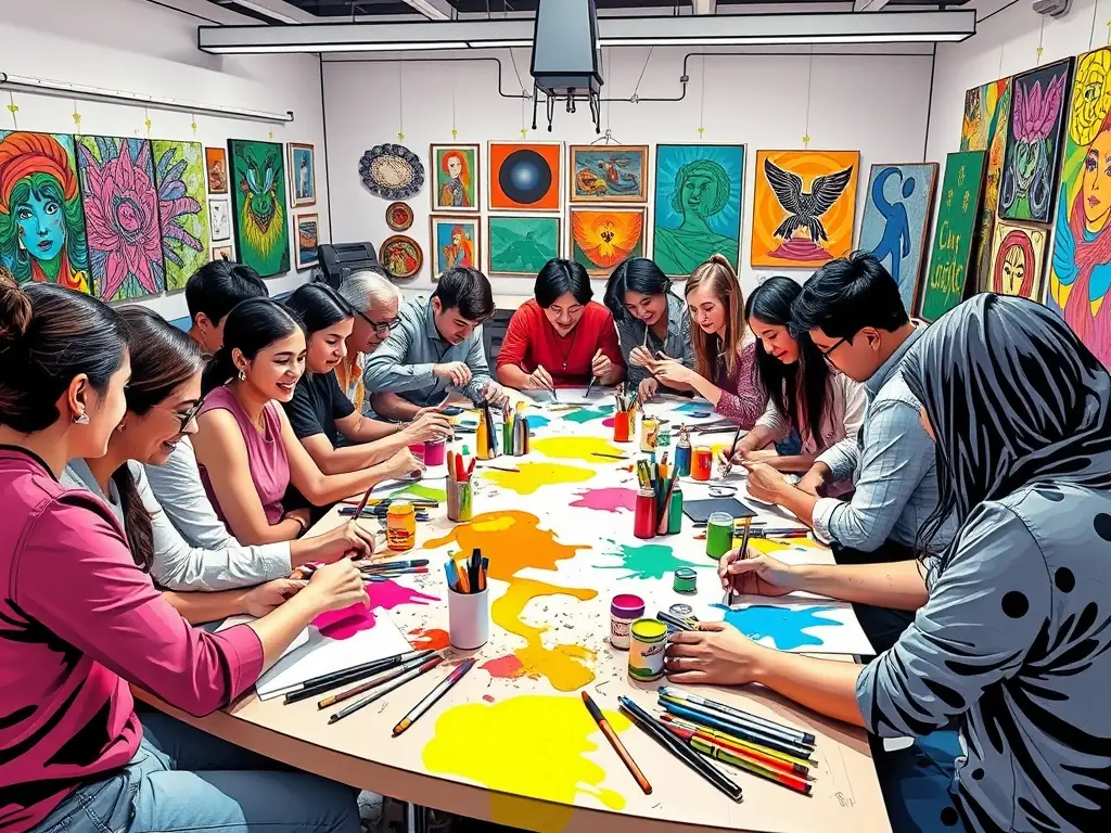 A vibrant image of participants engaged in a collaborative art project during a MIMIMOKO workshop, showcasing the energy and creativity of the program.