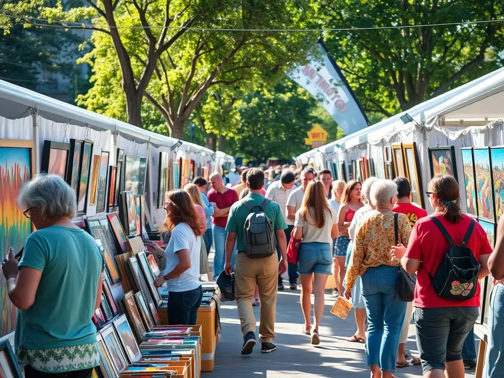 A photograph capturing the energy of the Community Art Festival 2022, featuring artists displaying their work and community members engaging with the art.