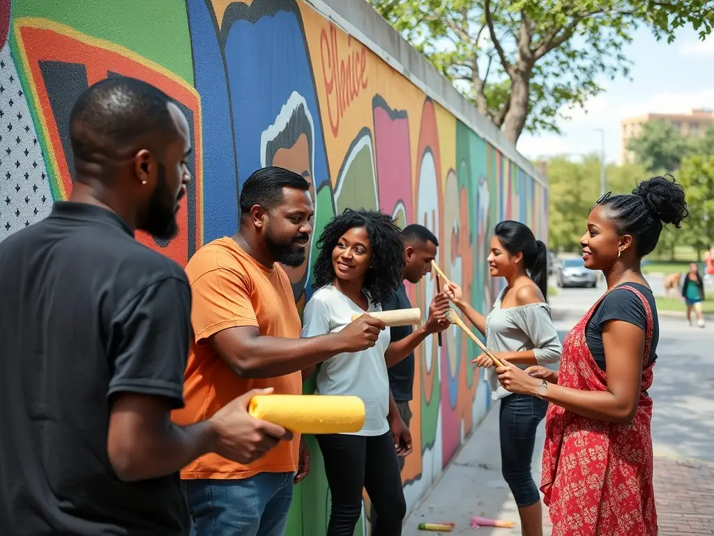 A group of amateur artists participating in a collaborative painting workshop, showcasing MIMIMOKO's support for artistic development and community engagement.