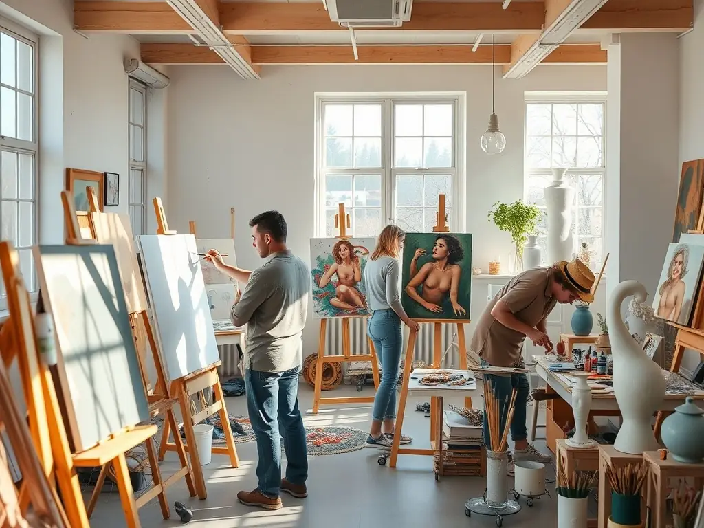 A group of amateur artists participating in a collaborative painting workshop, showcasing their creativity and teamwork.