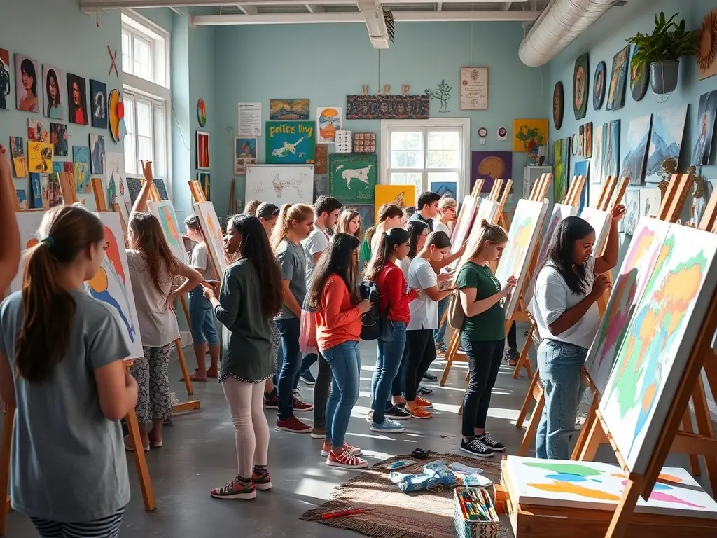 A heartwarming image of young participants creating art during a Youth Creative Workshop, highlighting the program's focus on nurturing young talents.