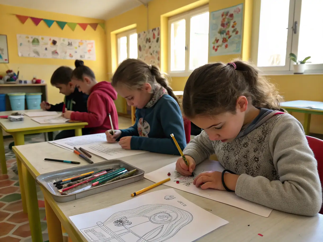 A group of young participants engaged in a creative workshop, learning new artistic skills and expressing their creativity through various mediums.