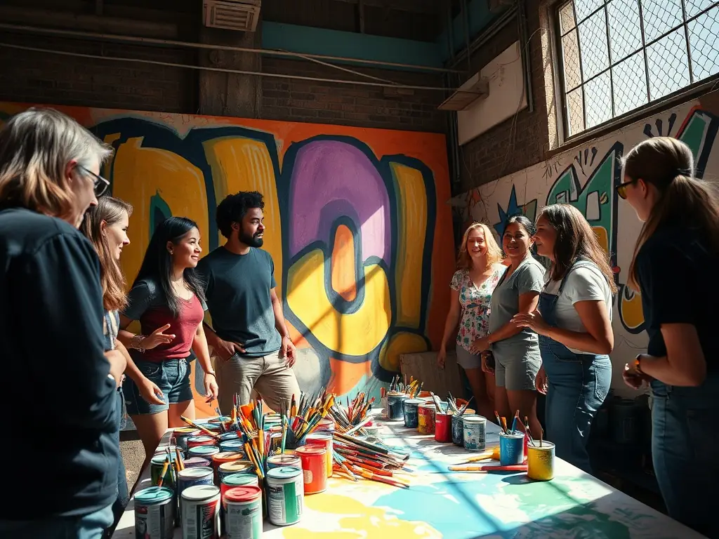 A vibrant image of artists collaborating on a mural in a community setting, showcasing the collaborative spirit of MIMIMOKO's artistic development programs.