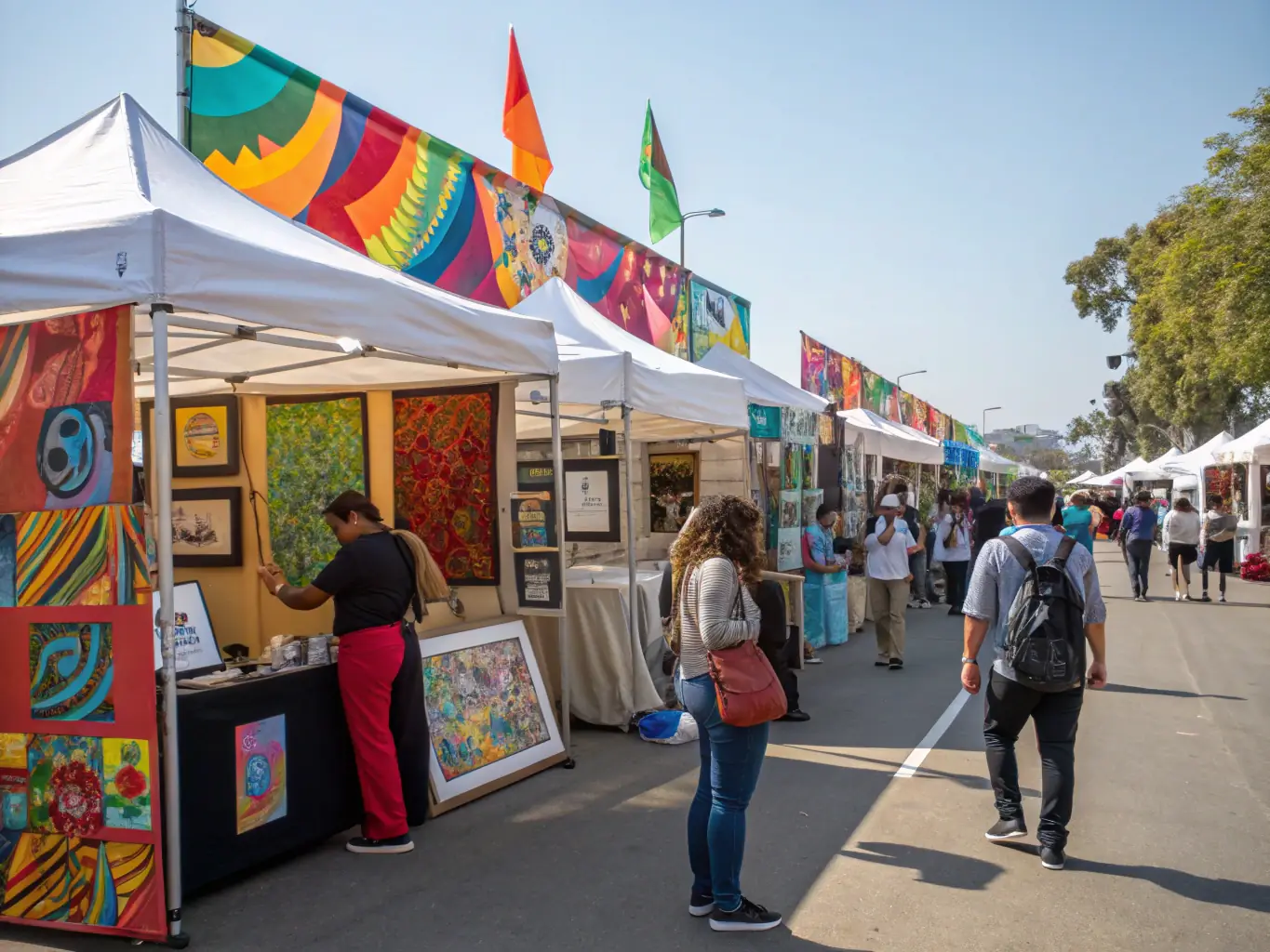 A vibrant scene from the Community Art Festival 2022, featuring local artists showcasing their works and engaging with the community.