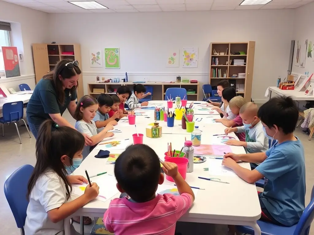 Young participants engaged in a creative workshop, learning new artistic skills and expressing their creativity under the guidance of experienced instructors.