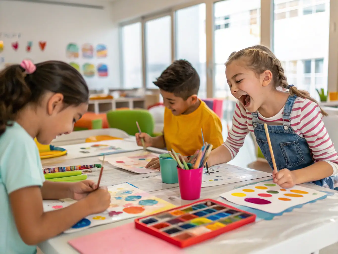 A dynamic image of young participants engaged in a creative workshop, painting, drawing, and expressing themselves through art.